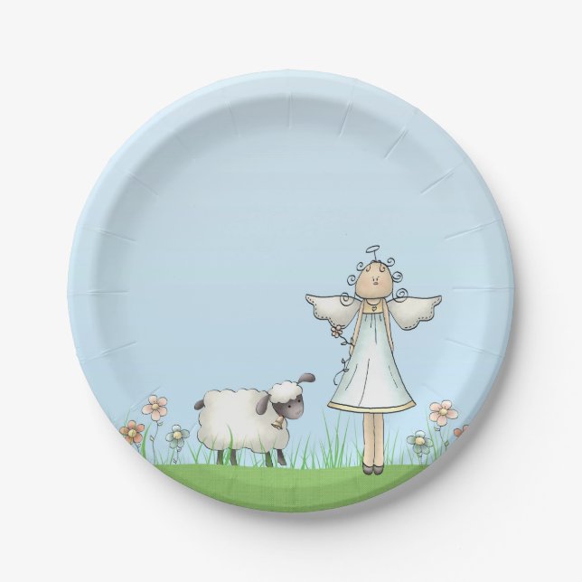 Girl Angel and Lamb, Blue, Religious Paper Plates (Front)