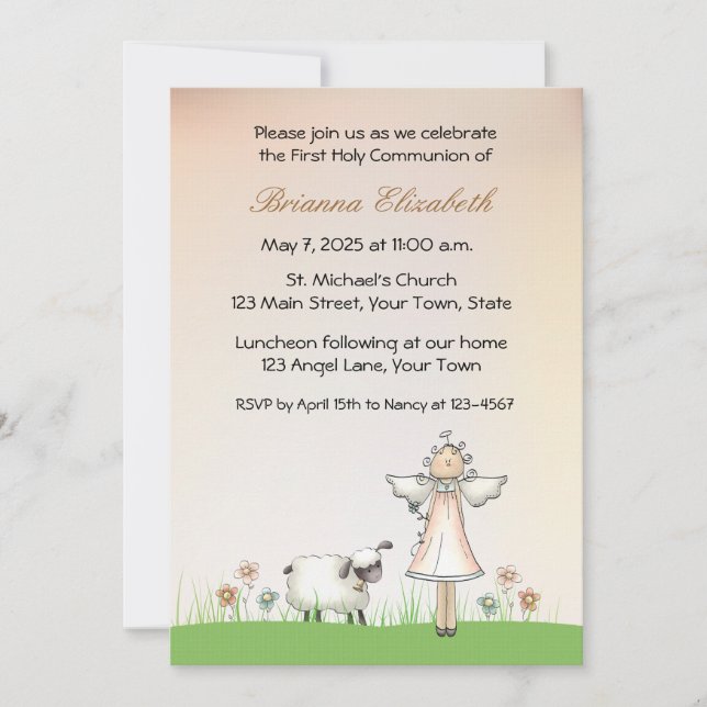 Girl Angel and Lamb First Communion Invitation (Front)