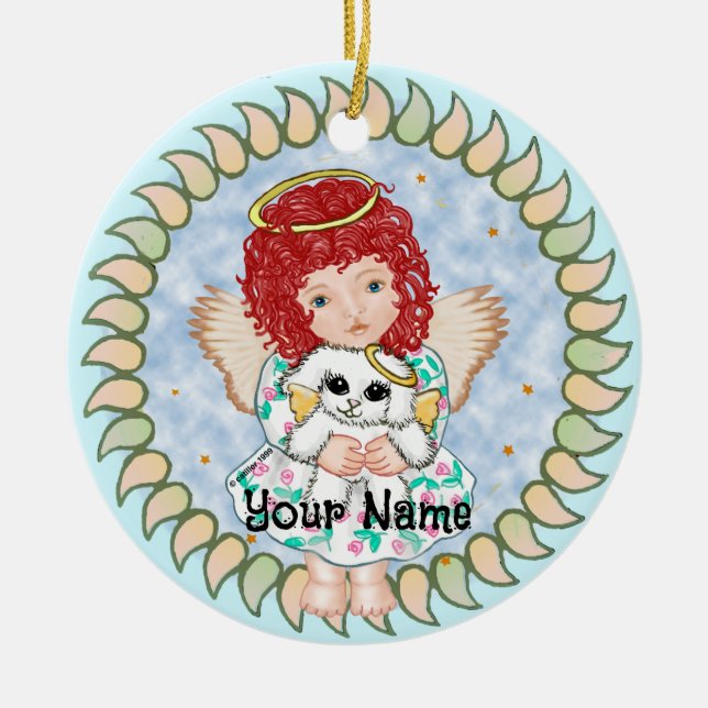 Girl Angel Holding Dog Ceramic Ornament (Front)