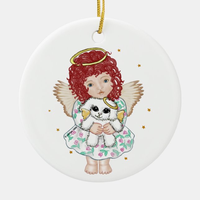 Girl Angel Holding Dog Ceramic Ornament (Front)