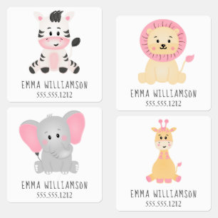 Girl Animal Safari Pink Personalized Kids' Labels
