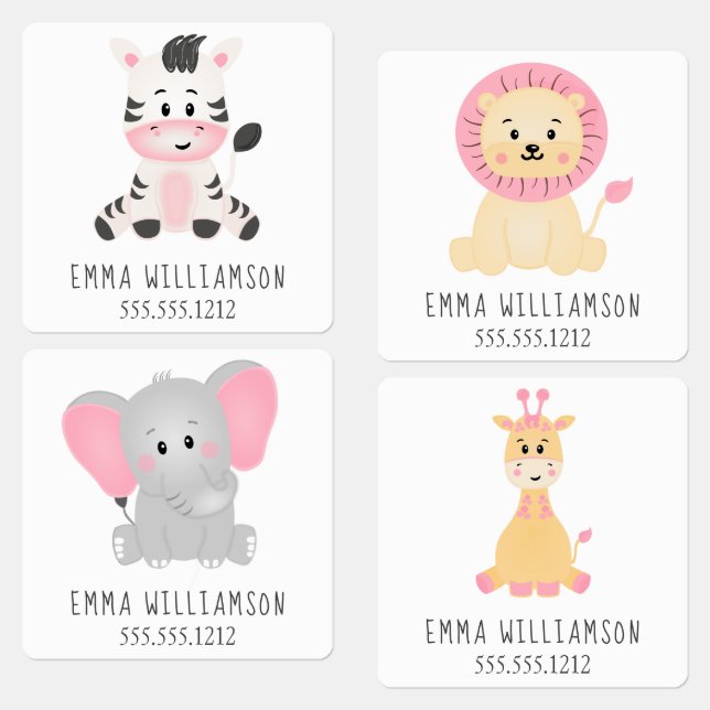 Girl Animal Safari Pink Personalized Kids' Labels (Group)