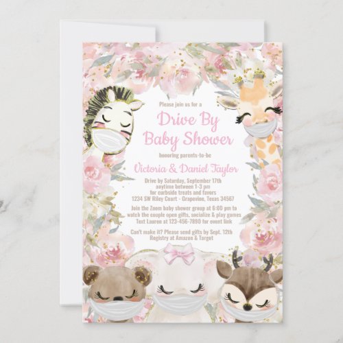 Girl Animal With Masks Drive By Baby Shower Invitation