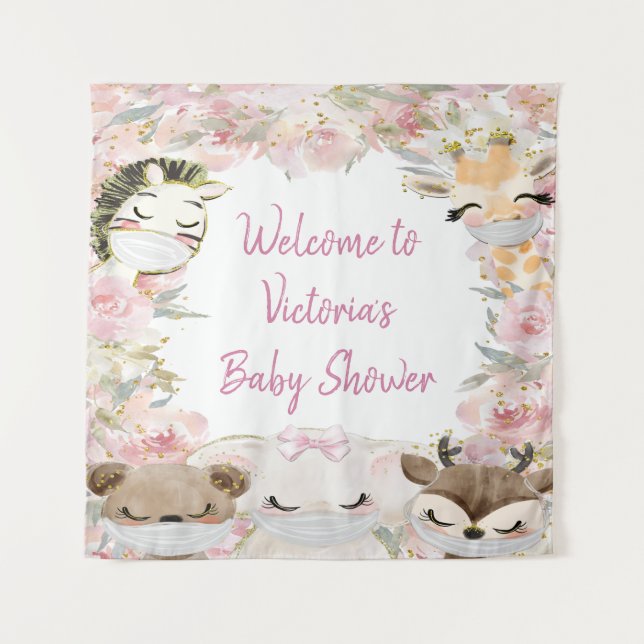 Girl Animals With Masks Baby Shower SQ Backdrop (Front)