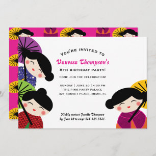 girl ANY AGE cute KOKESHI DOLL BIRTHDAY party Invitation