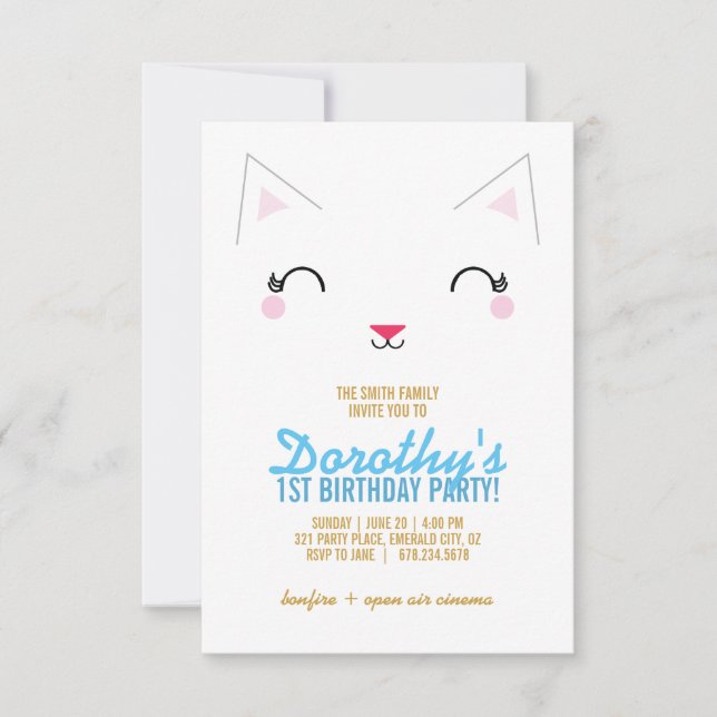 girl ANY AGE kitty CAT BIRTHDAY party BLUE Invitation (Front)