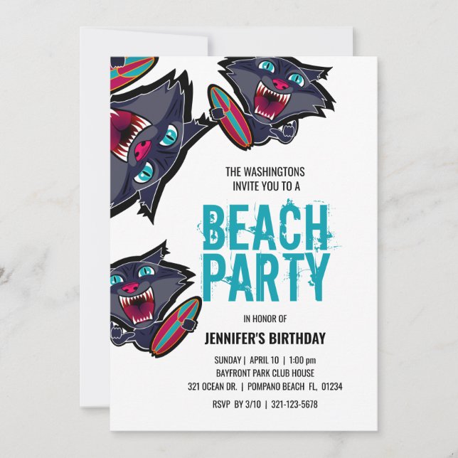girl ANY AGE surf cat BEACH PARTY birthday Invitation (Front)