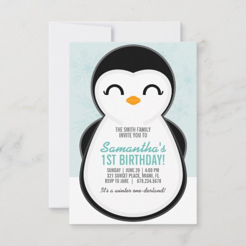 girl ANY AGE winter PENGUIN BIRTHDAY cute party Invitation