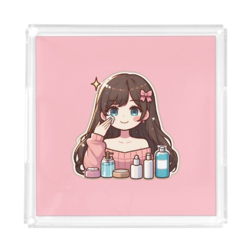 Girl applying skincare cute anime art acrylic tray