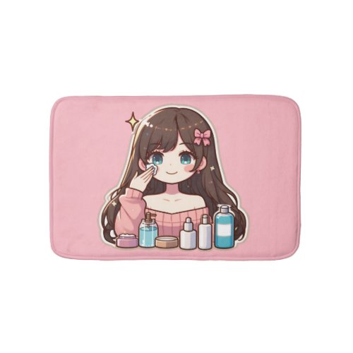 Girl applying skincare cute anime art bath mat