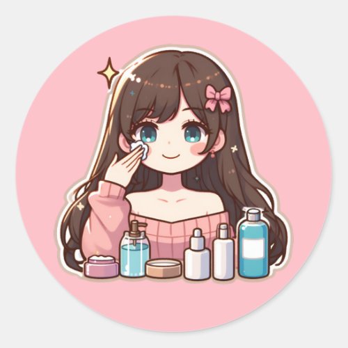 Girl applying skincare cute anime art classic round sticker