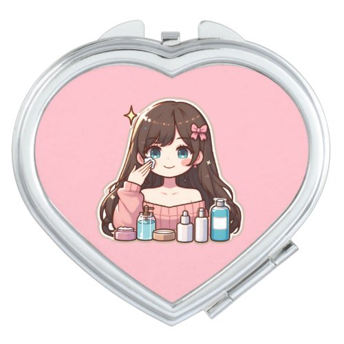 Girl applying skincare cute anime art compact mirror