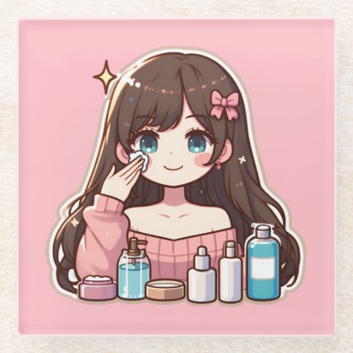 Girl applying skincare cute anime art glass coaster