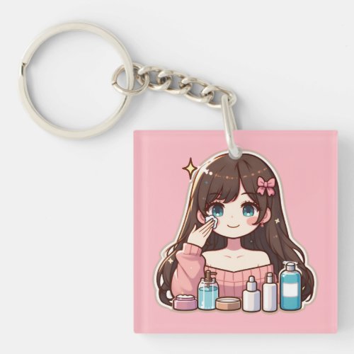 Girl applying skincare cute anime art keychain