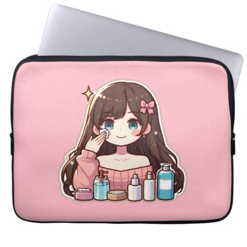 Girl applying skincare cute anime art laptop sleeve