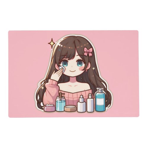 Girl applying skincare cute anime art placemat