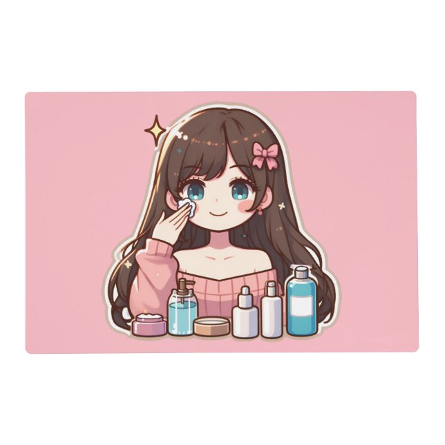 Girl applying skincare cute anime art placemat (Front)
