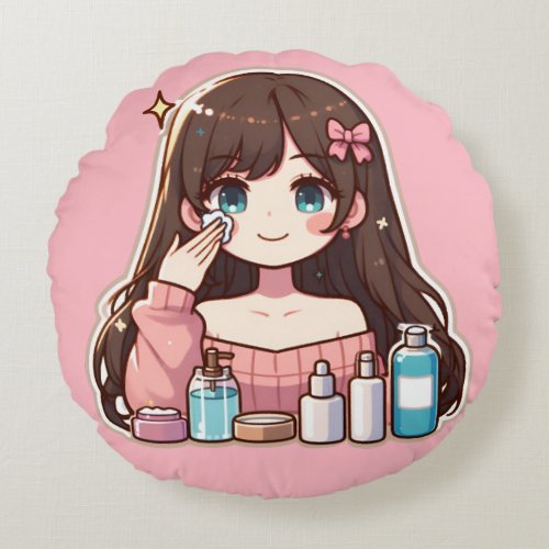 Girl applying skincare cute anime art round pillow