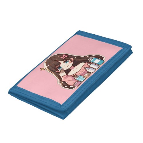 Girl applying skincare cute anime art trifold wallet