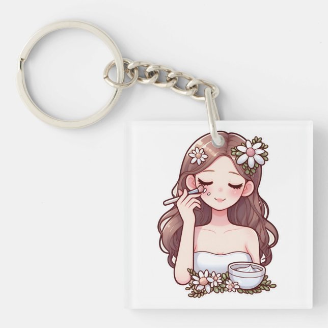 Girl applying skincare keychain (Front)