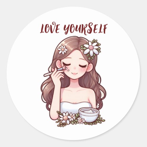 Girl applying skincare Love yourself Classic Round Sticker