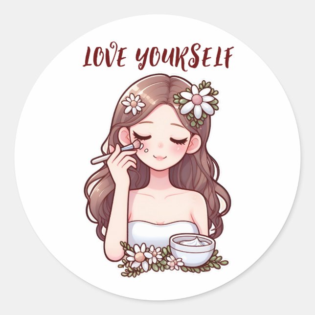 Girl applying skincare Love yourself Classic Round Sticker (Front)