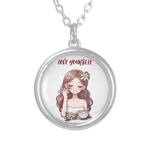 Girl applying skincare Love yourself Silver Plated Necklace