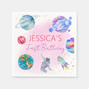 Girl Astronaut Gold Pink Rocket Ship Planet Napkins