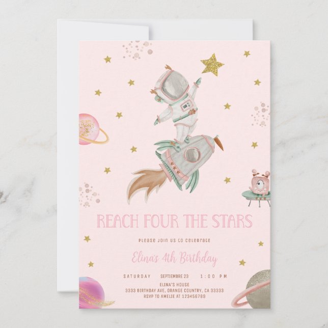 GIRL ASTRONAUT INVITATION, REACH FOUR THE STARS INVITATION (Front)