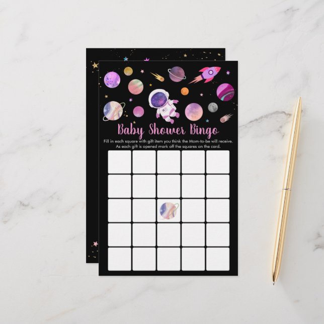 Girl Astronaut Outer Space Baby Shower Bingo Game (Front/Back In Situ)