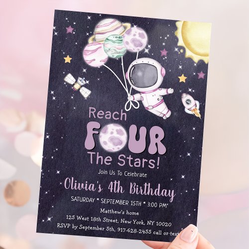 Girl Astronaut Outer Space Fourth Birthday Party Invitation
