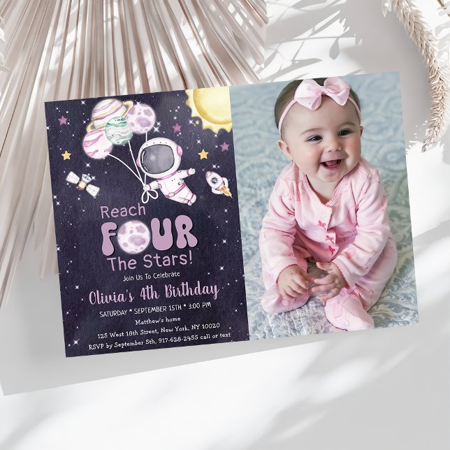 Girl Astronaut Outer Space Fourth Birthday Photo Invitation (Creator Uploaded)