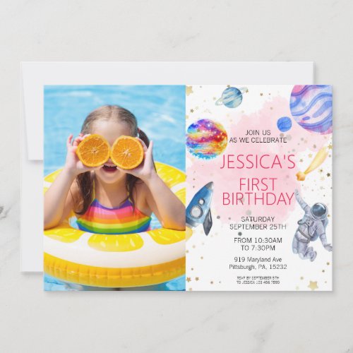 Girl Astronaut Outer Space Rocket Ship Planet  Invitation