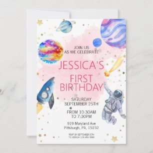 Girl Astronaut Outer Space Rocket Ship Planet Invitation