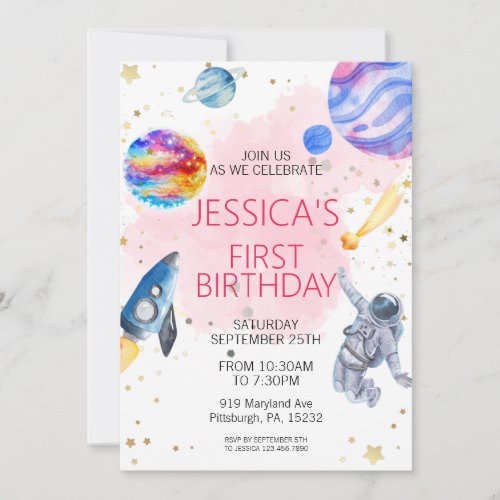 Girl Astronaut Outer Space Rocket Ship Planet  Invitation