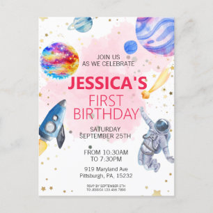 Girl Astronaut Outer Space Rocket Ship Planet  Postcard