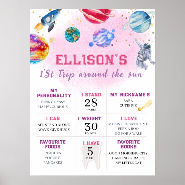 Girl Astronaut Space First Birthday Milestone Poster (Front)