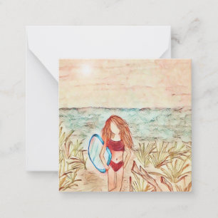 Girl at beach with boogie board mini notecard 2.5"
