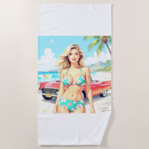 Girl at the beach with a classic car