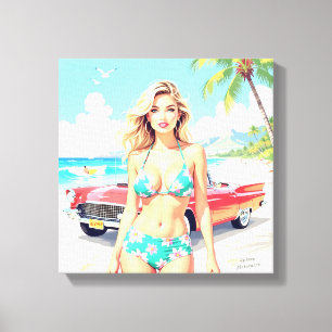 Girl at the beach with a classic car canvas print