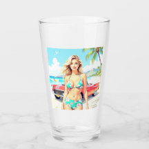 Girl at the beach with a classic car