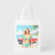 Girl at the beach with a classic car