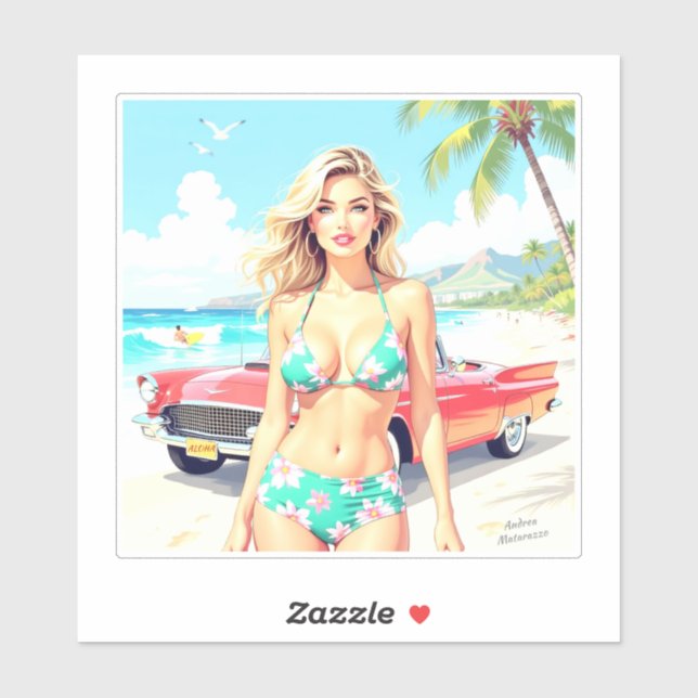 Girl at the beach with a classic car sticker (Sheet)