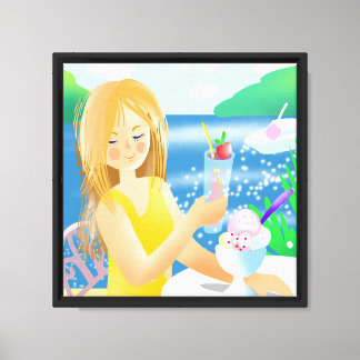 girl at the sea at a cafe table canvas print
