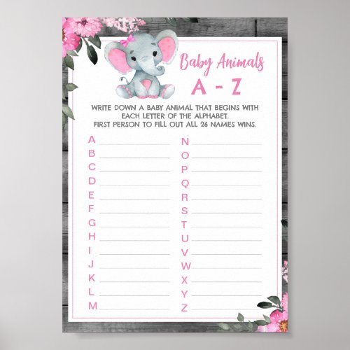 Girl Baby Animal Game Shower Activity Elephant Poster