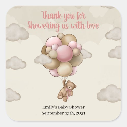Girl baby bear pink brown balloons baby shower square sticker