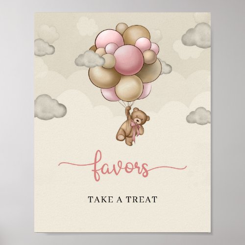 Girl baby bear pink brown balloons favors sign