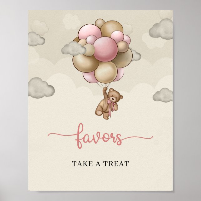 Girl baby bear pink brown balloons favors sign (Front)