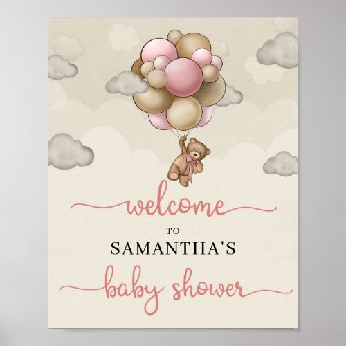 Girl baby bear pink brown balloons welcome sign