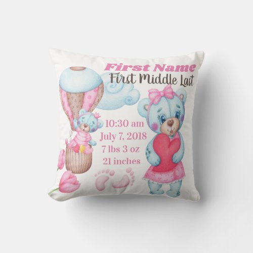 Girl Baby Birth Announcement Pillow Teddy Bear